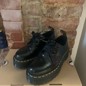 Dr. Martens Black Platform Shoes with Yellow Stitching